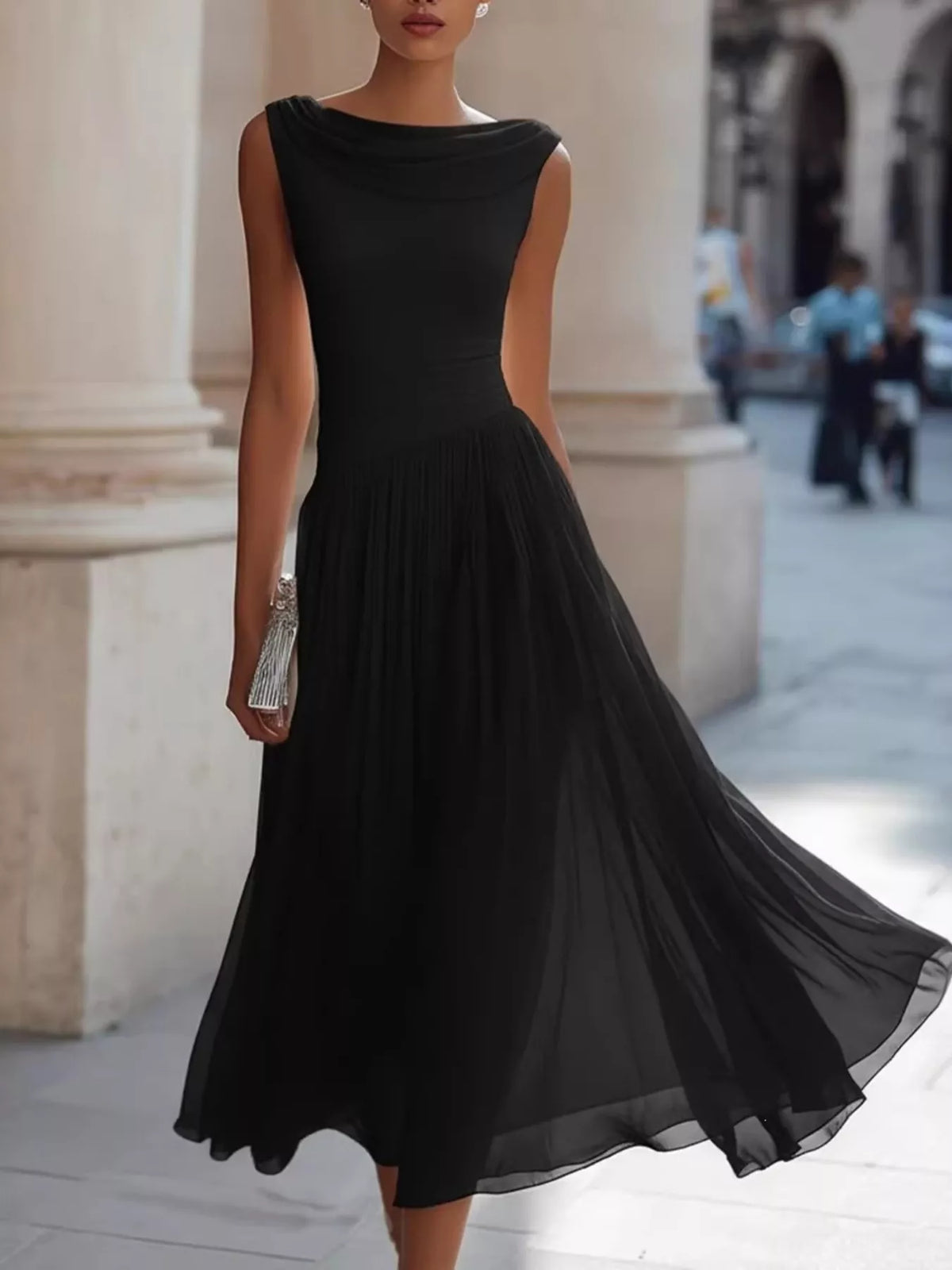 Full Size Sleeveless Cowl Neck Midi Dress