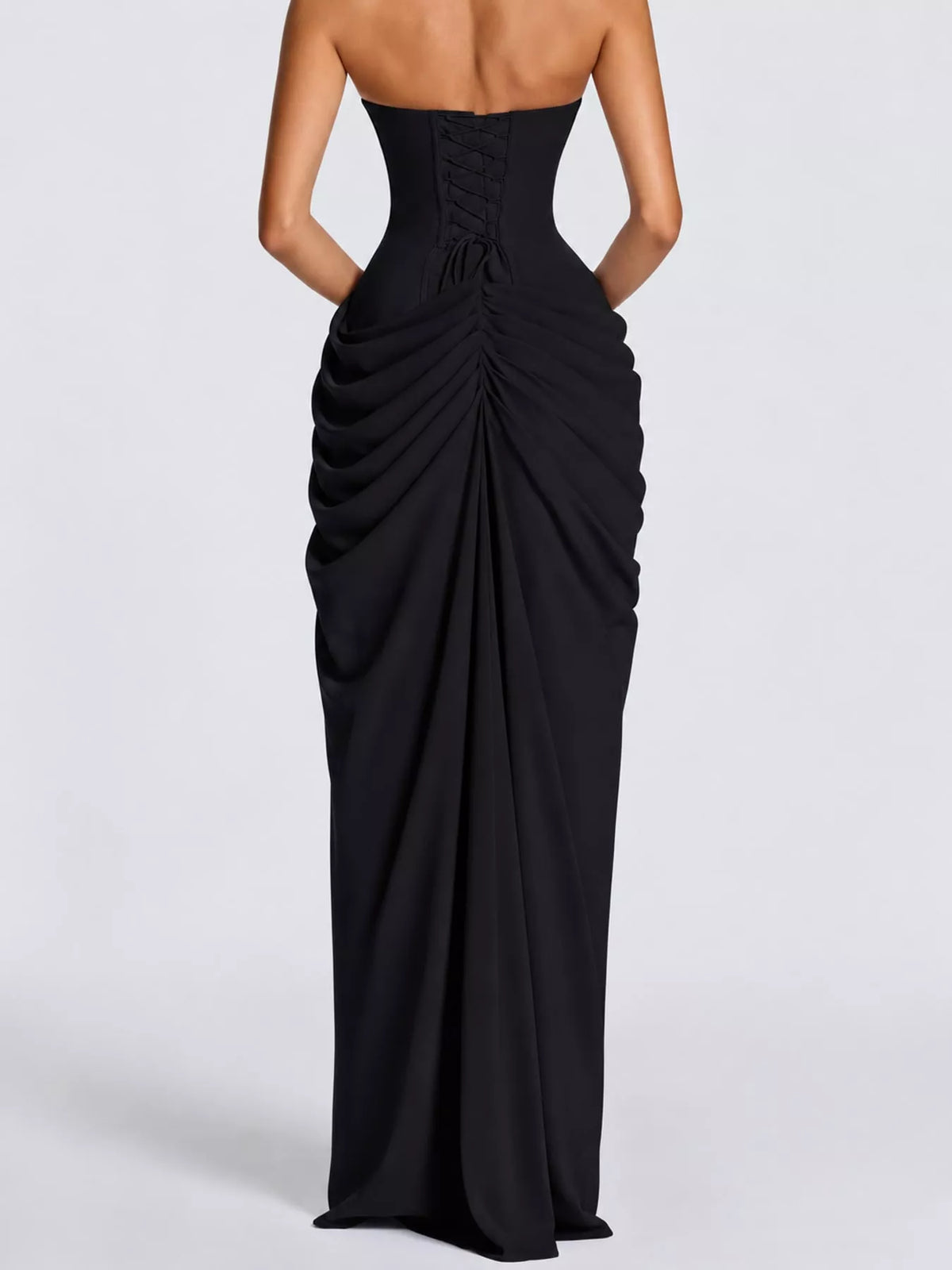 Strapless Ruched High-Slit Evening Maxi Dress