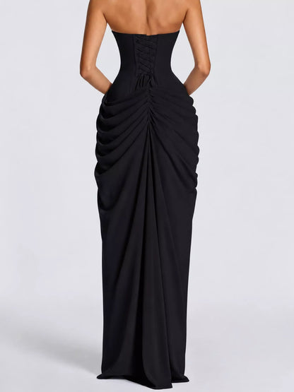 Strapless Ruched High-Slit Evening Maxi Dress