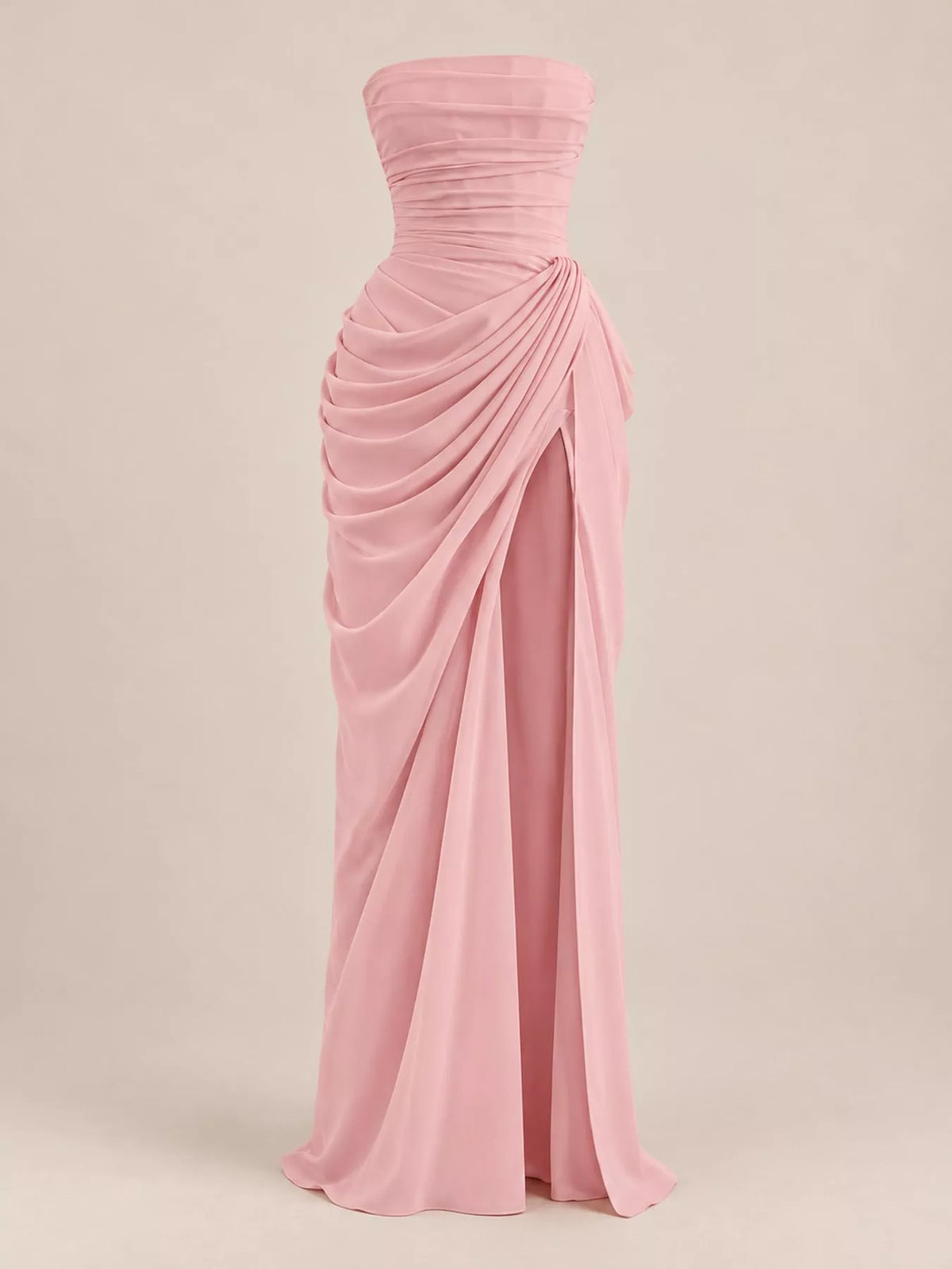 Strapless Ruched High-Slit Evening Maxi Dress