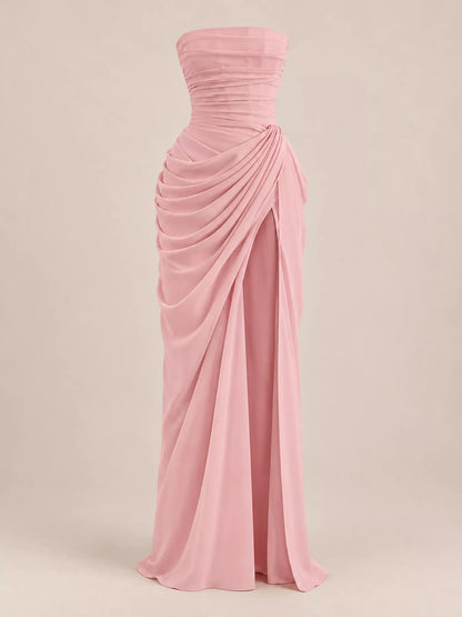 Strapless Ruched High-Slit Evening Maxi Dress