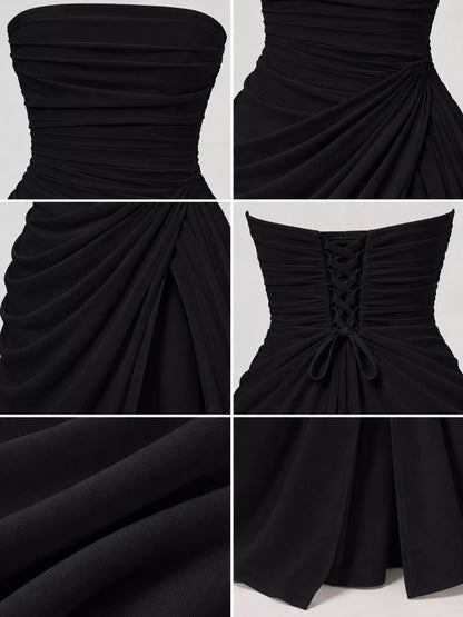 Strapless Ruched High-Slit Evening Maxi Dress