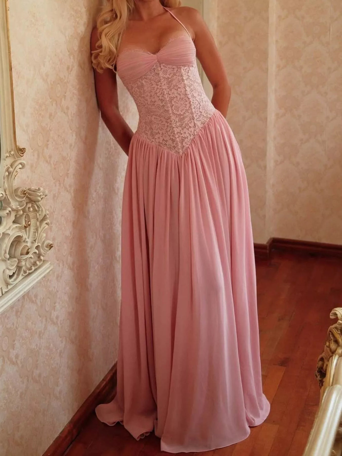 Lace Corset Halter Neck Maxi Dress