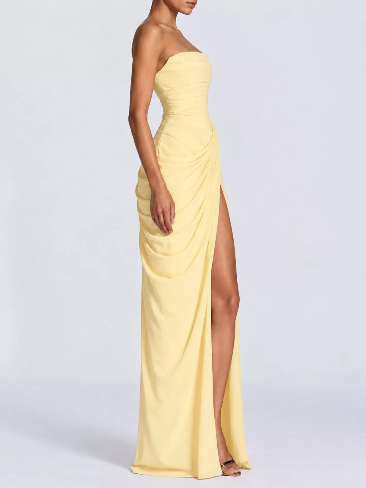 Strapless Ruched High-Slit Evening Maxi Dress