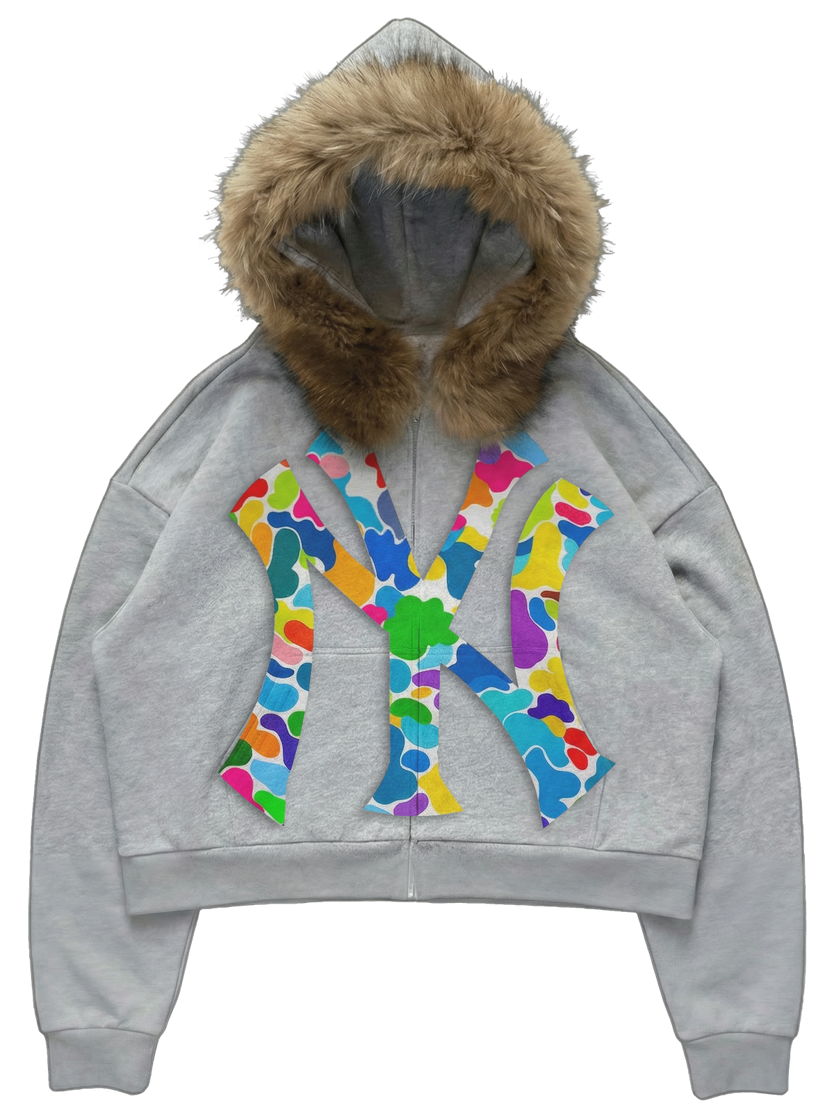 NY Multi-Colored Uptown Skyline Fur Detachable Zip Up Hoodie Y2K Loose Fit Cropped