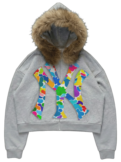 NY Multi-Colored Uptown Skyline Fur Detachable Zip Up Hoodie Y2K Loose Fit Cropped