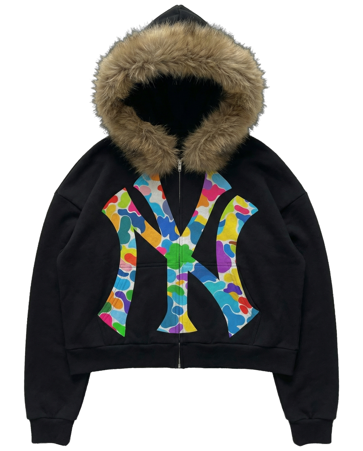 NY Multi-Colored Uptown Skyline Fur Detachable Zip Up Hoodie Y2K Loose Fit Cropped