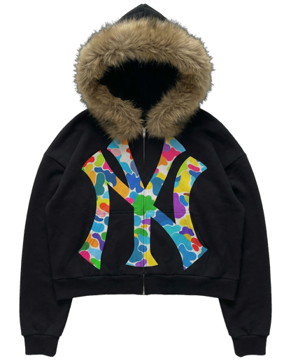 NY Multi-Colored Uptown Skyline Fur Detachable Zip Up Hoodie Y2K Loose Fit Cropped
