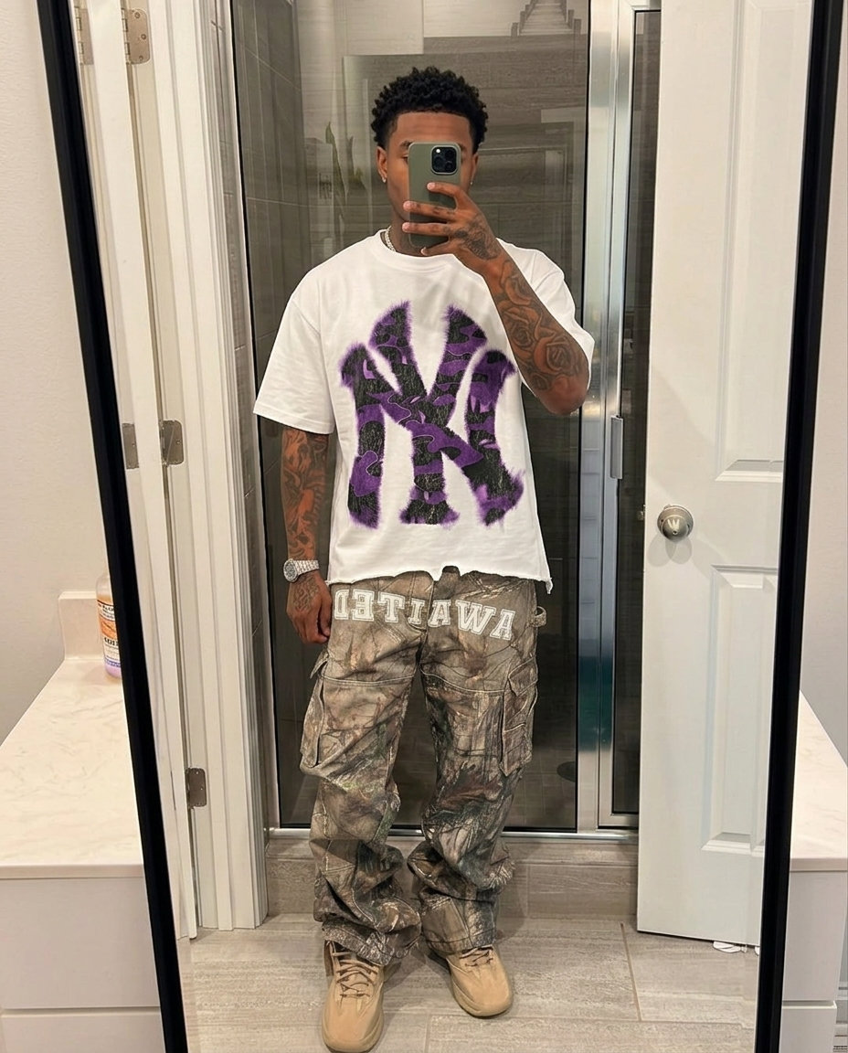 Destroyed NYC Inked Purple Camouflage Shirt Vintage Oversized Boxy T-shirt Graphic Y2K
