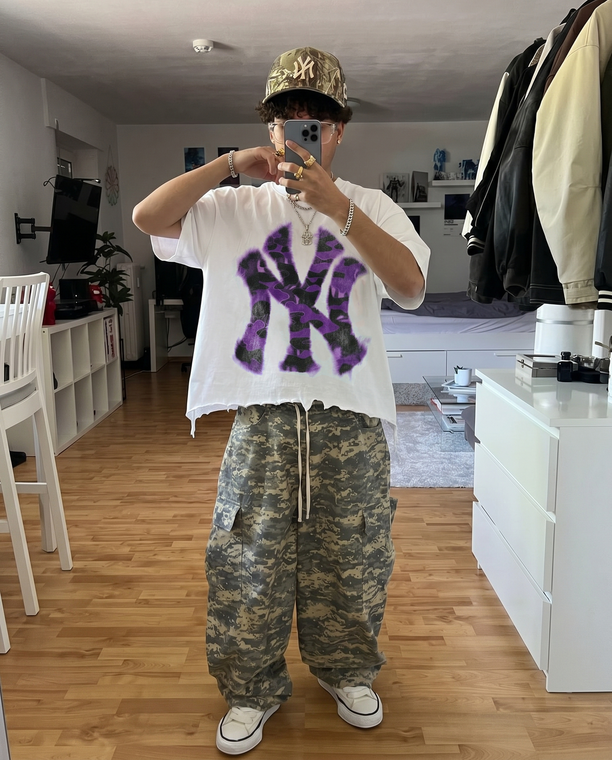 Destroyed NYC Inked Purple Camouflage Shirt Vintage Oversized Boxy T-shirt Graphic Y2K