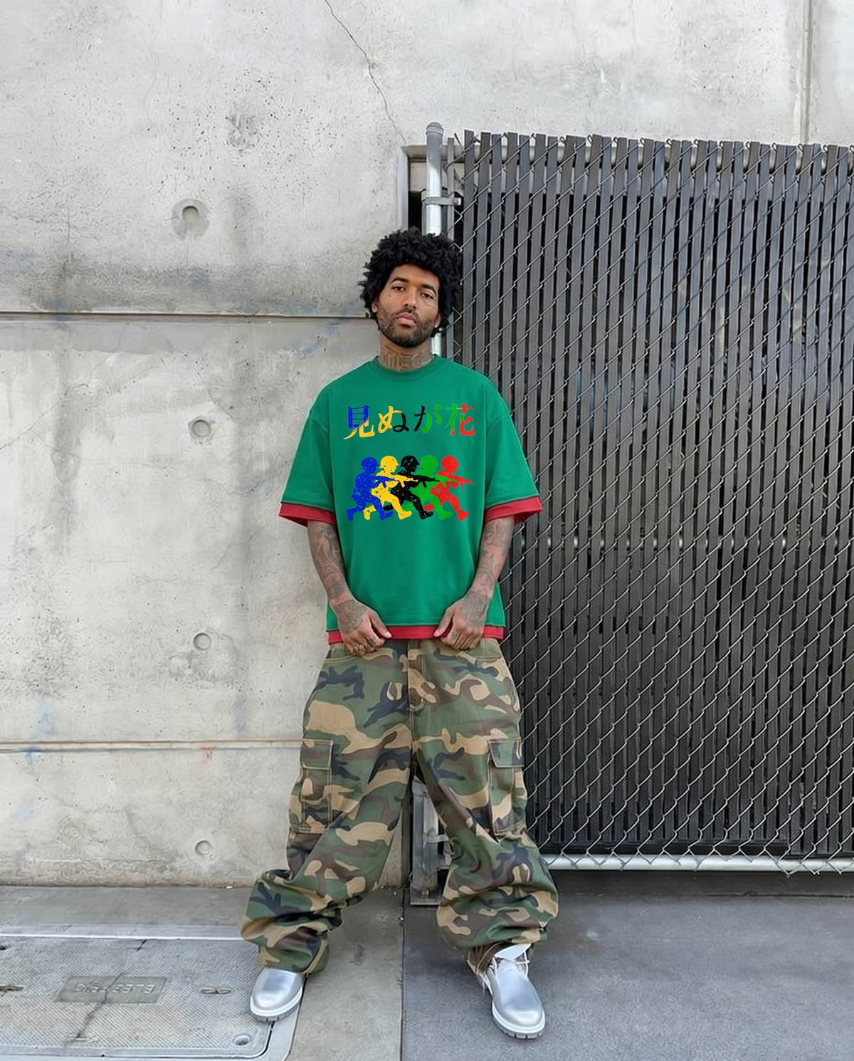 Japanese Neniom Boxy Color Block Graphic T-Shirt – Oversized Green Streetwear Tee