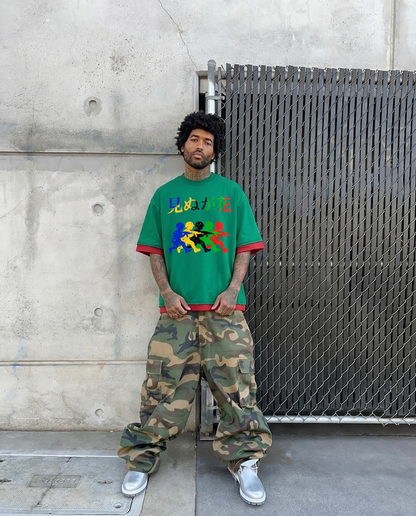 Japanese Neniom Boxy Color Block Graphic T-Shirt – Oversized Green Streetwear Tee