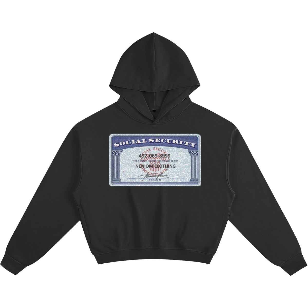 Neniom Social Security Card Boxy Hoodie Streetwear Y2K Oversized Graphic